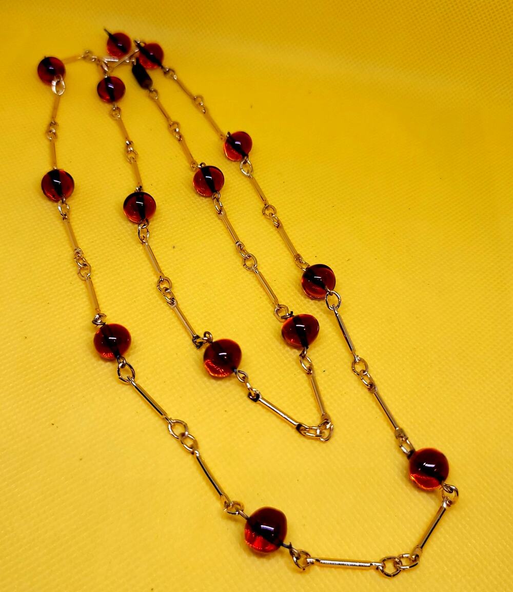 Vintage 1960s Double Long Gold Chain Necklace Amber Round Beads 34" Non Magnetic